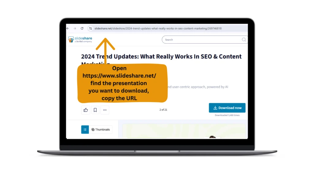 Laptop screen showing a Slideshare presentation page with instructions to copy the URL for use with a SlideShare downloader.