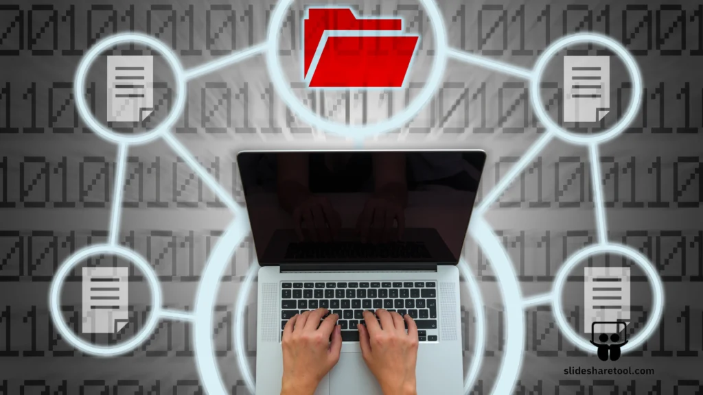 WHAT IS SLIDESHARE 2 1 Hands typing on a laptop, surrounded by digital document icons and a red folder, symbolizing file sharing with a focus on SlideShare Downloader.