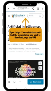 how to download slideshare on mobiletablet Mobile screen showing how to copy a Slideshare presentation URL to use with a Slideshare downloader.